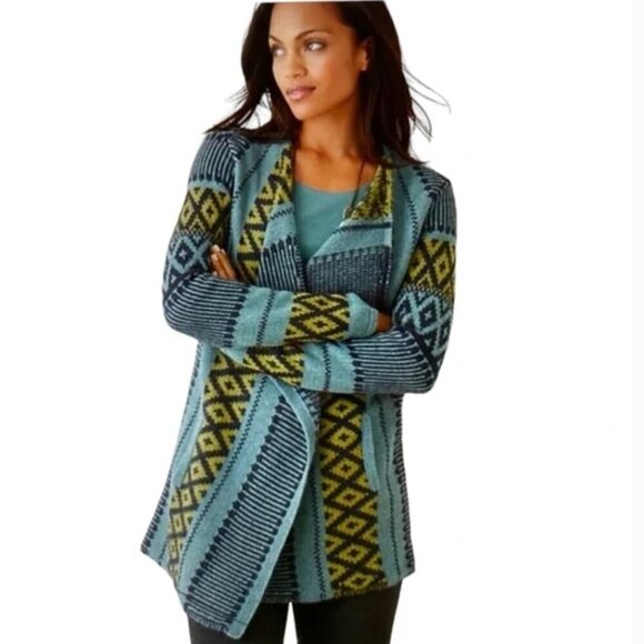 J. Jill Open Front Waterfall Cardigan Blue Green Geometric L - Picture 2 of 12